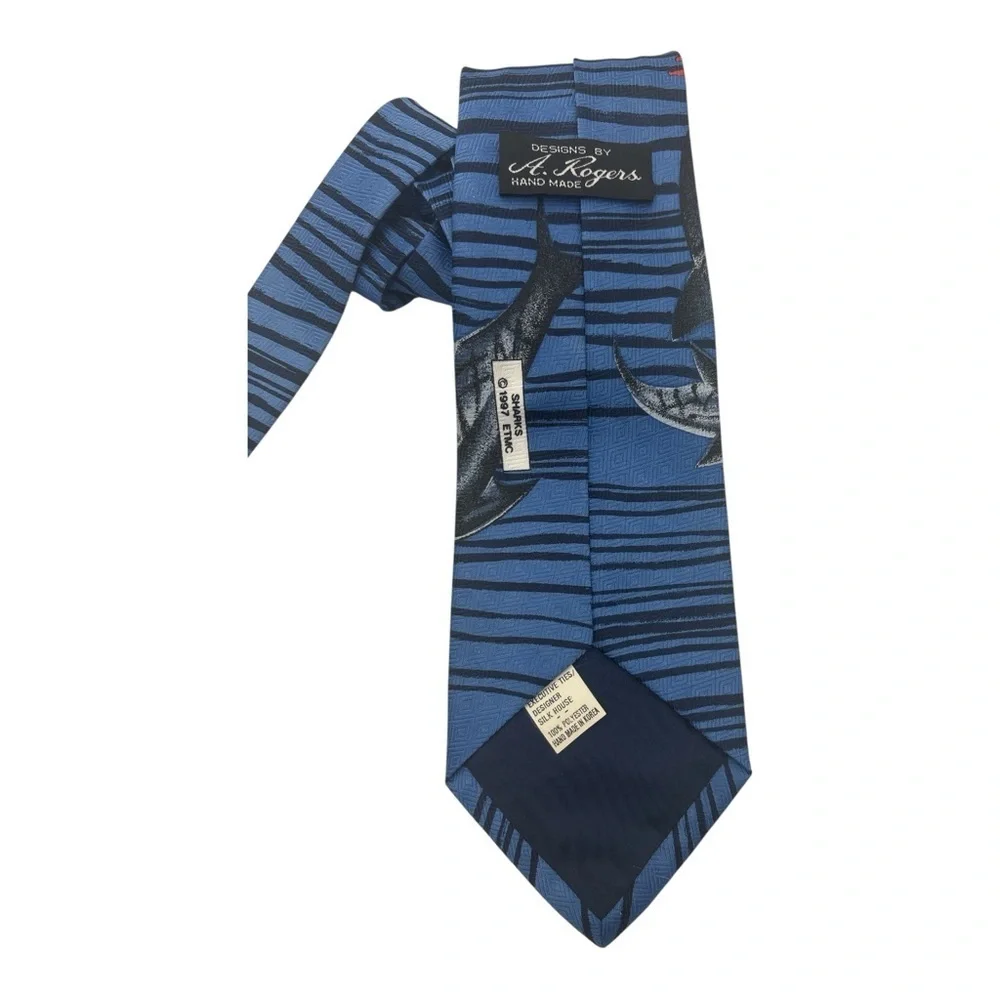 🦈 Vintage A. Rogers Shark Print Tie – Ocean Blue & Black